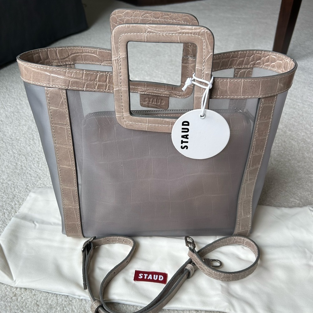 NWT Staud Shirley mesh tote bag French gray crocodile